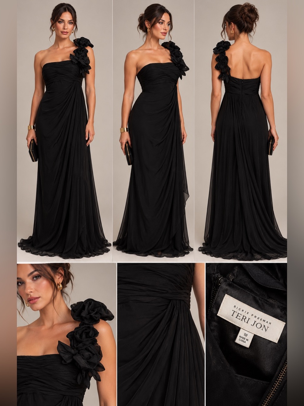 Ricking Freeman Teri Jon silk dramatic rosette 3D floral appliqué one shoulder